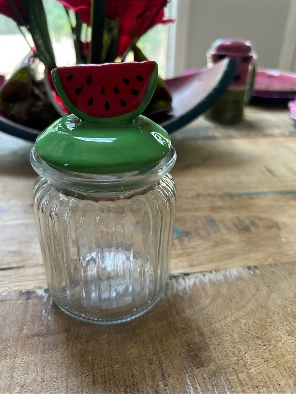 Watermelon-Top Green Lid Glass Spice Jar - Decorative Kitchen NWOT Canister